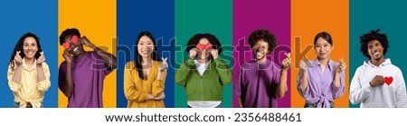 Money or love. Cheerful funny multiracial millennials casual young men and women showing red hearts and give me money gesture, set of photos on colorful backgrounds, collage, web-banner