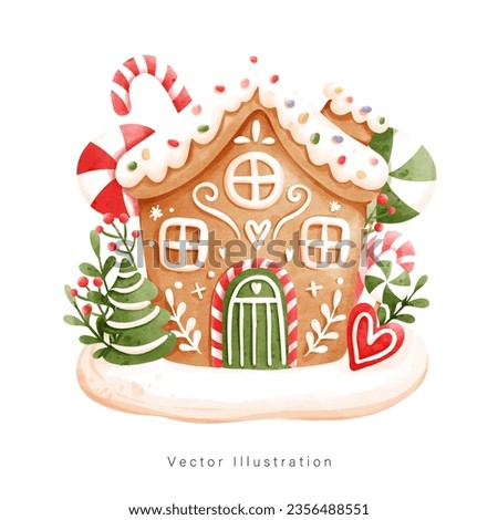 Christmas gingerbread house, candy house. Watercolor style, Vector illustration Royalty-Free Stock Photo #2356488551