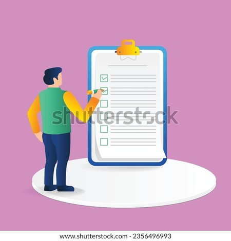 Isometric flat 3d illustration concept of man giving check mark for business plan