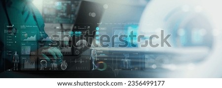 medical doctor using laptop computer for advanced Mri x-ray scan medical diagnosis machine at hospital health care lab as wide banner. Royalty-Free Stock Photo #2356499177