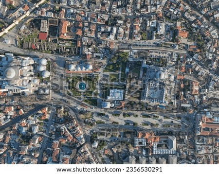 Aerial view of Hagia Sophia and Sultanahmet Mosque. Aerial view of istanbul at sunrise and evening Royalty-Free Stock Photo #2356530291