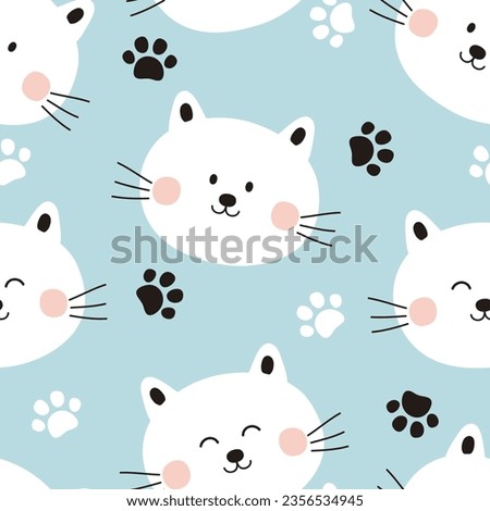 Cat seamless pattern. Cartoon illustration with cute cats and footprint paws. It can be used for wallpapers, wrappers, cards, patterns for clothes and others.