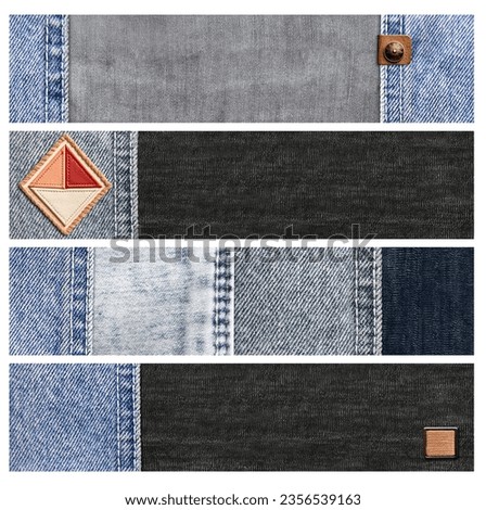 Set of horizontal or vertical banners with blue denim borders, leather label and black cotton texture. Decorative background with light blue and gray color denim jeans fabric. Copy space for text
