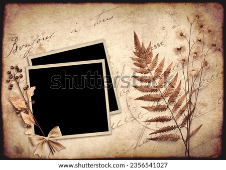 Retro background with photo frame and dry pressed leaf and flower. Nostalgic scrapbooking backdrop with old vintage paper and inscription "Bonjour a tous" (Hello everybody) in french. Mockup template