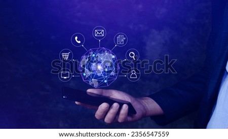 Businessman touching Global network connection digital business hologram on smartphone, Big data analytics and business intelligence concept, Infograph, technology.