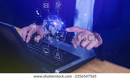 Businessman touching Global network connection digital business hologram, Big data analytics and business intelligence concept, Infograph, technology.