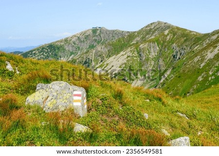 Mountain landscape on a hiking trail in the Low Tatras, Slovakia. View of mountain peaks and valleys while hiking along a mountain ridge. Slopes covered with alpine vegetation, summer sunny day