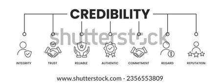 Credibility icons banner. Credibility banner with icons of integrity, trust, reliable, authentic, commitment, regard and more. Vector illustration. Royalty-Free Stock Photo #2356553809