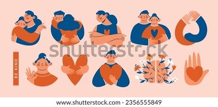 Hugs, embrace. Selfcare, mental health, love yourself, humanism, charity concept. Big set of simple modern clip arts with cute persons, people, friends, lovers, family, heart, brain with flowers. 