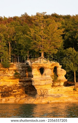 Chapel Rock at sunset along Pictured Rocks National Lakeshore in Michigan