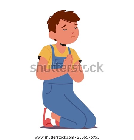 Innocent Image Of A Young Boy With Closed Eyes And Clasped Hands, Deep In Prayer. Kneeling Little Child Character Conveying A Sense Of Purity And Devotion. Cartoon People Vector Illustration Royalty-Free Stock Photo #2356576955