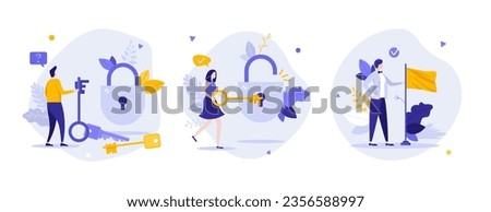 Find right solution flat concept vector illustrations set. Unlock access to personal growth cartoon composition. Become leader overcoming different issues idea for website, mobile, presentation Royalty-Free Stock Photo #2356588997