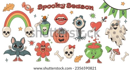 Happy Halloween vintage groovy set. Vector collection of funky psychedelic hippie 70s style mushrooms, pumpkin, rainbow, ghost, skull, potion, eye, flower, heart and bat.