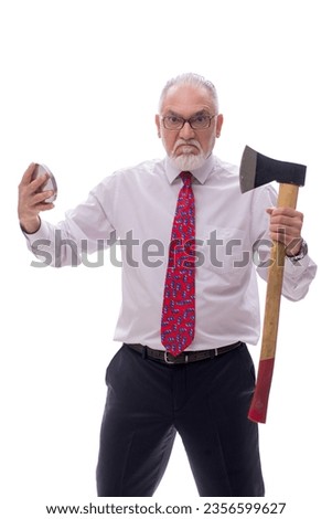 Old businessman shaving face with hatchet isolated on white