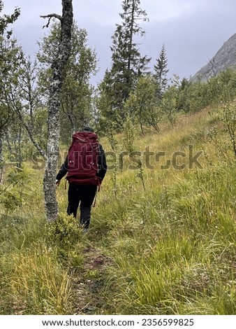 Man in black walks among rocks and mountains. Summer and the mountains. August.