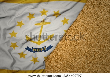 wheat grain on the waving colorful big flag of rhode island state .macro shot.