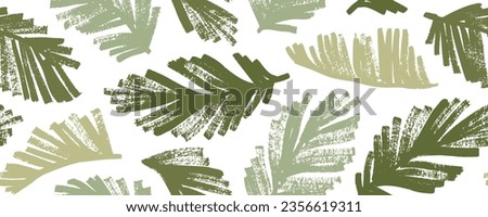 Seamless banner design with palm branches in green shades. Brush drawn palm leaves wallpaper. Exotic botanical background in sketch style. Jungle and foliage grunge texture with branches.