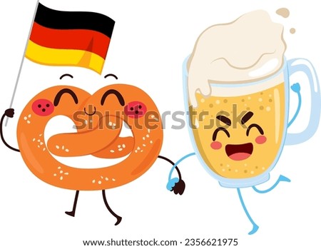 Vector illustration of cute funny happy glass of beer and pretzel. Cartoon kawaii characters mascot friends with German flag celebrating Oktoberfest holiday
