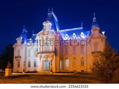 Night view of Craiova Art Museum housed in sumptuous Constantin Mihail Palace Royalty-Free Stock Photo #2356623533
