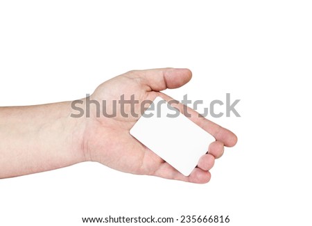 Hand with a white card isolated on white background