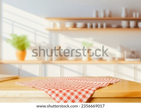 Wood table top on blurred kitchen background. can be used mock up for montage products display or design layout	 Royalty-Free Stock Photo #2356669017