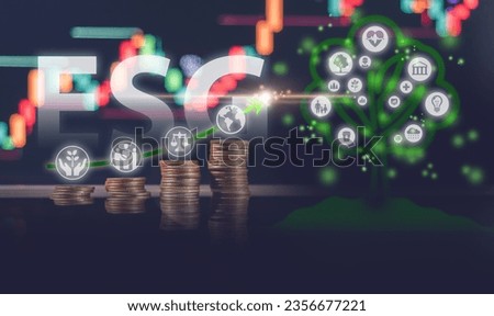 ESG concept, a tree hologram grows from a pile of coins on a stock market graph, representing the growth of sustainable businesses in the global economy.