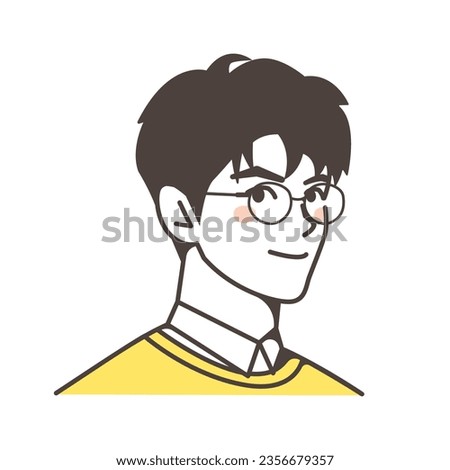 Outline illustration of handsome man with yellow crewneck and collar shirt wear eyeglasses, profile picture man in cartoon korean japanese style, man illustration outline in isolated white background Royalty-Free Stock Photo #2356679357