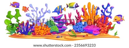 Underwater world with bright seaweeds, corals and swimming fishes. Cartoon vector illustration of sea or aquarium bed with wild marine creatures. Natural panoramic scene with fantasy aquatic habitat. Royalty-Free Stock Photo #2356693233