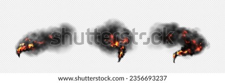 Realistic set of fire and black smoke isolated on transparent background. Vector illustration of flame and dark clouds of smog rising in air from wildfire, after explosion and fire, design element