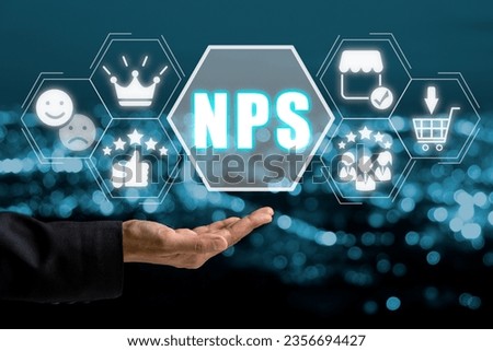 NPS, Net promoter score concept, Business woman hand holding net promoter score icon on virtual screen.
