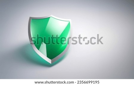 A 3D protection concept with a shield on a green background. Green shield icon Royalty-Free Stock Photo #2356699195