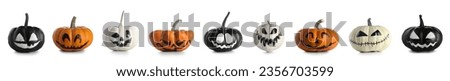 Set of many Halloween pumpkins with drawn faces on white background