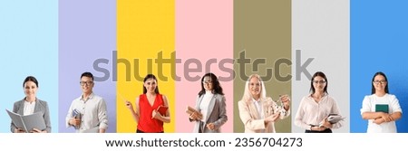 Set of many different teachers on color background