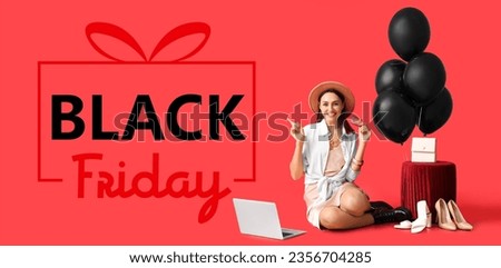 Advertising poster for Black Friday with happy young woman and laptop