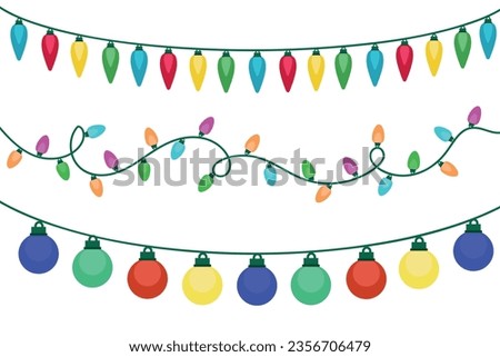 Festive garlands. Bright garlands of multi-colored light bulbs on a white background. Vector illustration. Christmas tree or room decor