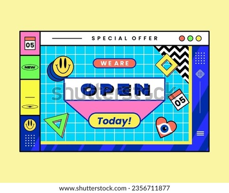 OPEN text effect pop art style illustration vector sale, business, open online shop, web page, social media clip art background, colorful type editable