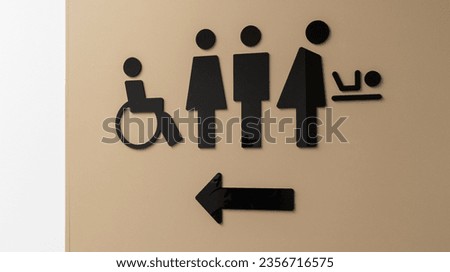 wc Toilet sign on wall facade water closets with disabled man woman and baby