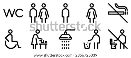 Toilet line icon set. WC sign. Man, woman, shower, mother with baby, handicap symbol. Restroom for male, female, disabled pictograms. No smoking, do not throw trash in toilet bowl. Vector graphics Royalty-Free Stock Photo #2356725339