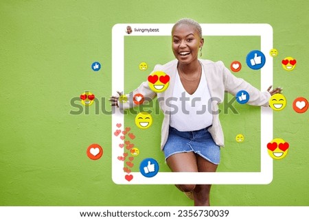 Black woman, portrait and social media emojis, like and heart icons isolated on green background or mockup wall space. Smile, influencer and content creator with photography frame, graphic or overlay