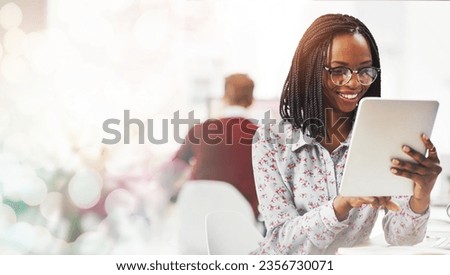 Mockup, tablet and business black woman online for planning, social networking and internet. Banner space, corporate worker and happy person on digital tech for research, website and email in office