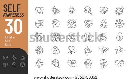 Self Awareness line editable icons set. Vector illustration in modern thin line style of self estimate related icons: self-care, self-love, self-acceptance, and personal growth. Isolated on white Royalty-Free Stock Photo #2356733361