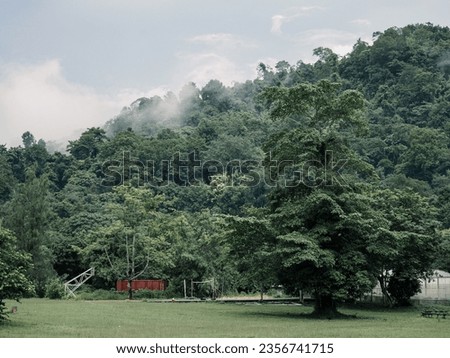 Fog covers the mountains in the rainy season.