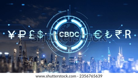 New York skyscrapers, central bank digital currency with diverse glowing money icons in row. Concept of blockchain, business innovation, trade exchange and world economy