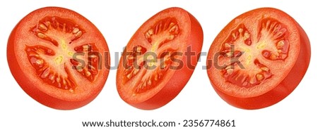 Tomato slices isolated on white background, full depth of field Royalty-Free Stock Photo #2356774861