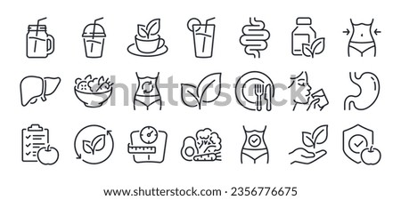 Detox and cleanse related editable stroke outline icons set isolated on white background flat vector illustration. Pixel perfect. 64 x 64. Royalty-Free Stock Photo #2356776675