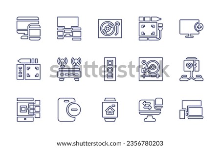 Device line icon set. Editable stroke. Vector illustration. Containing add, cardiogram, devices, device, electronic device, turntable, remote control, tablet, vinyl, watch, transfer.