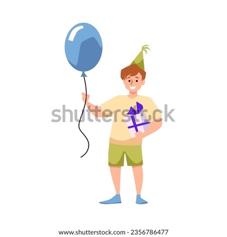 Happy boy with balloon holding gift box decorated with blue bow. Concept of holiday surprise, birthday celebration, bonus or prize. Cartoon flat color vector present illustration isolated on white