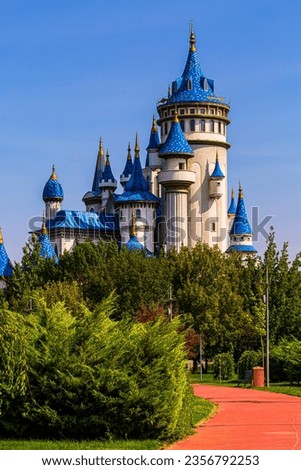 Vertical frame view of the fairy tale castle. Sazova, Eskisehir, Turkey. Royalty-Free Stock Photo #2356792253