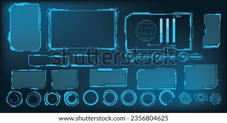 digital interface HUD elements set pack. User Interface, frame screens. Callouts titles, FUI circle set, Loading bars. Dashboard reality technology screen. Vector Royalty-Free Stock Photo #2356804625