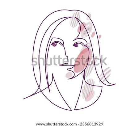 Woman beauty face vector linear illustration, delicate line art of attractive girl portrait, abstract feminine drawing minimal style isolated.